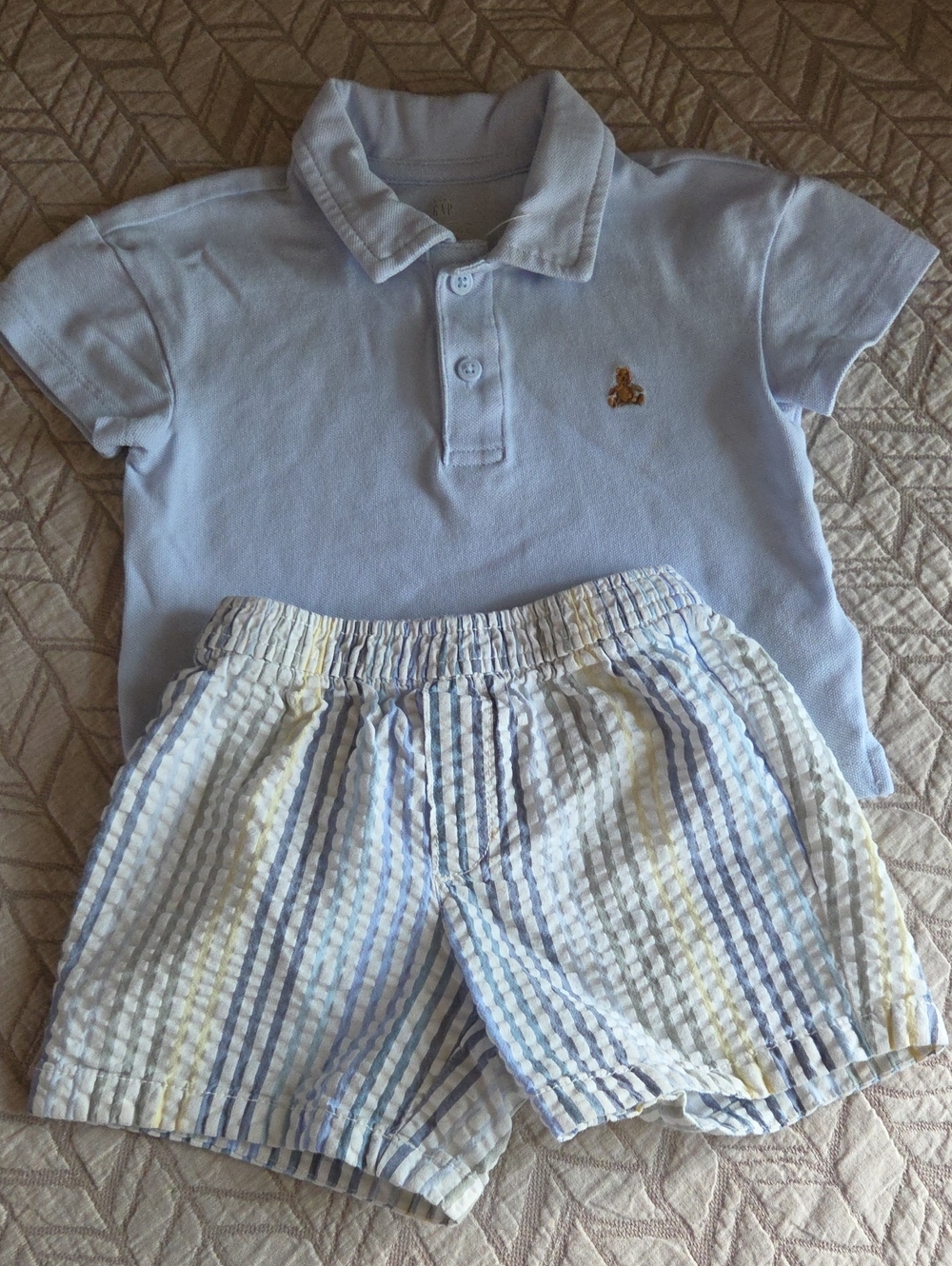 Light Blue Polo with Striped Seersucker Shorts